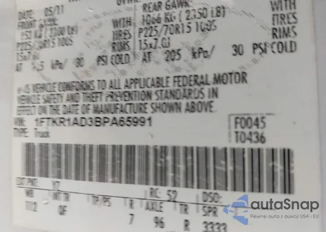 2011 Ford Ranger Xl from USA, damaged, VIN 1FTKR1AD3BPA65991